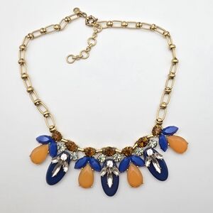 J. Crew Gold, Amber, and Blue Statement Bib Necklace With Rhinestones